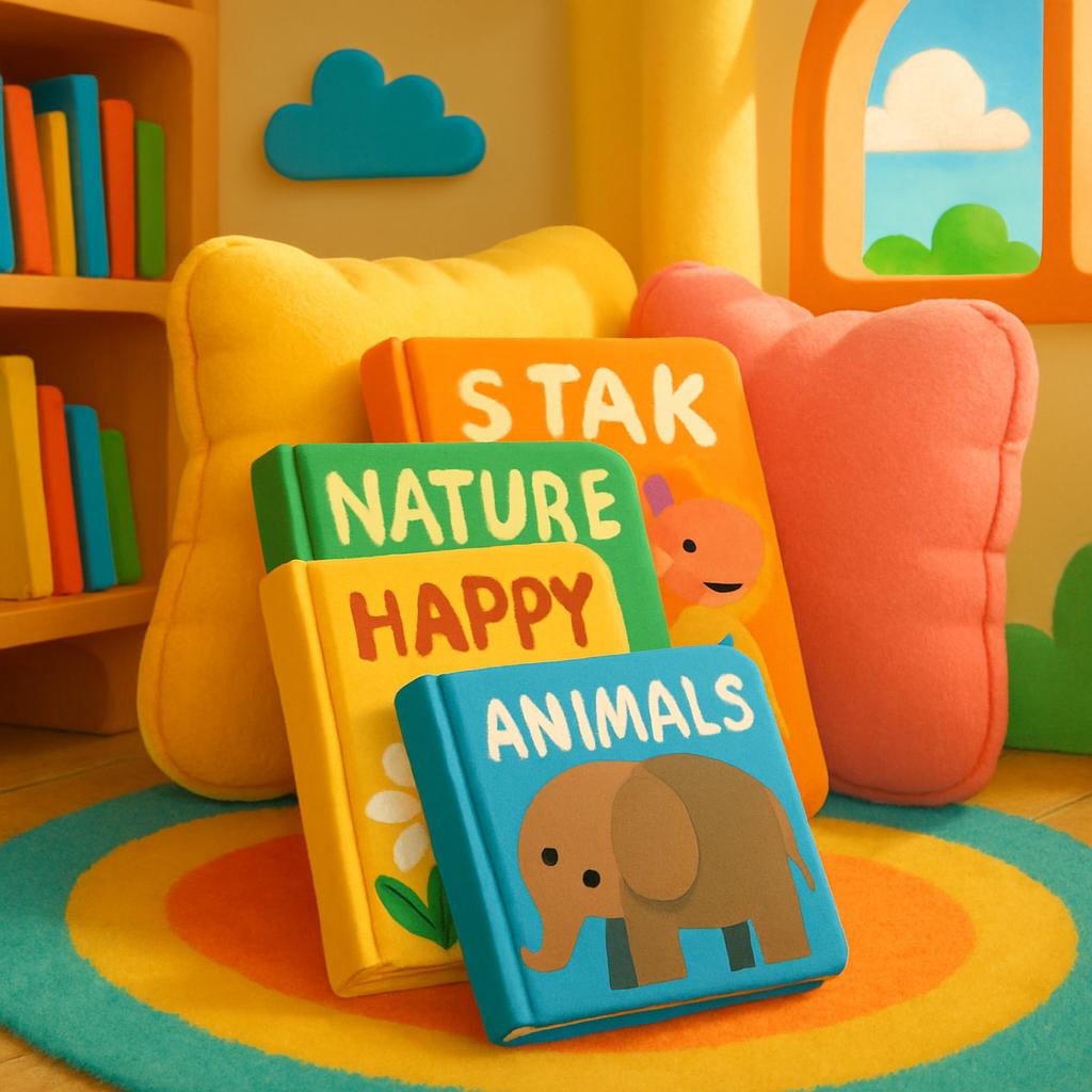 A stack of children's storybooks arranged in a colorful children's room featuring an elephant on a blue book and other car...