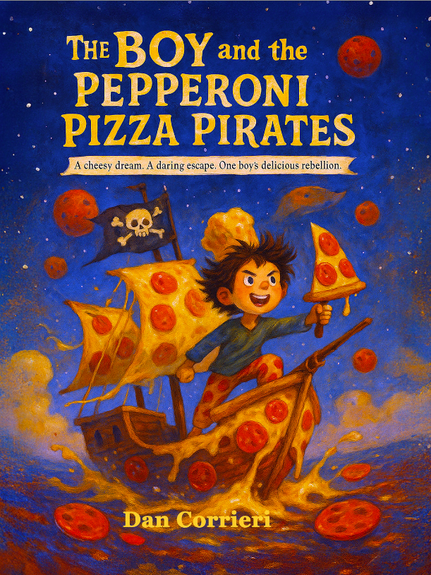 "The Boy and the Pepperoni Pizza Pirates: A Cheesy Dream. A Daring Escape. One Boy's Delicious Rebellion" by Dan Corrieri....